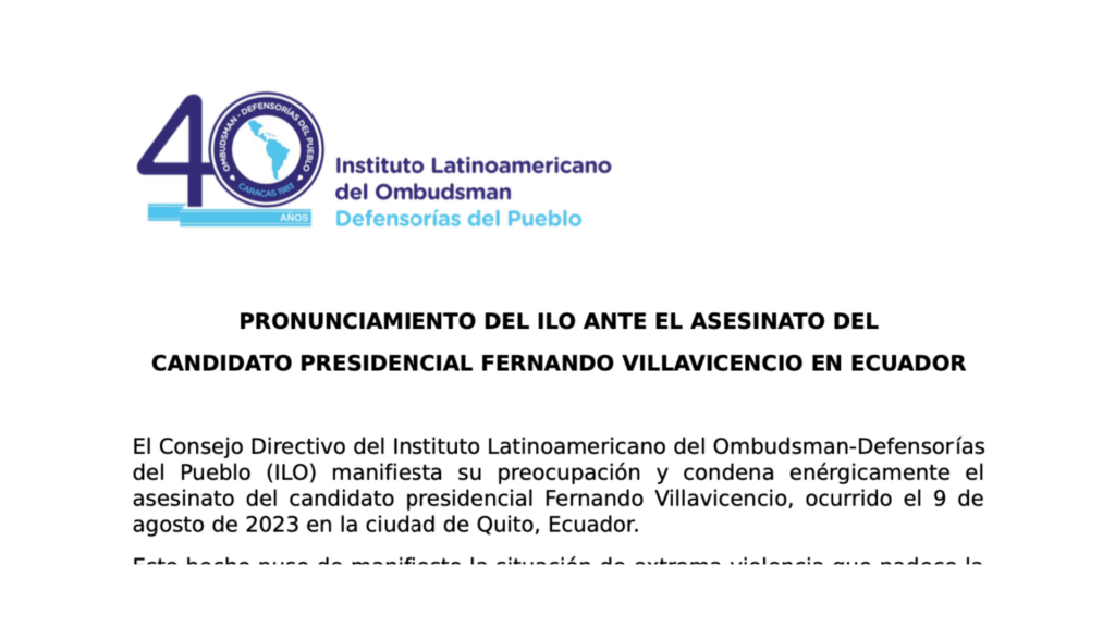 Pronunciamiento del ILO ante el asesinato del candidato presidencial Fernando Villavicencio en Ecuador
